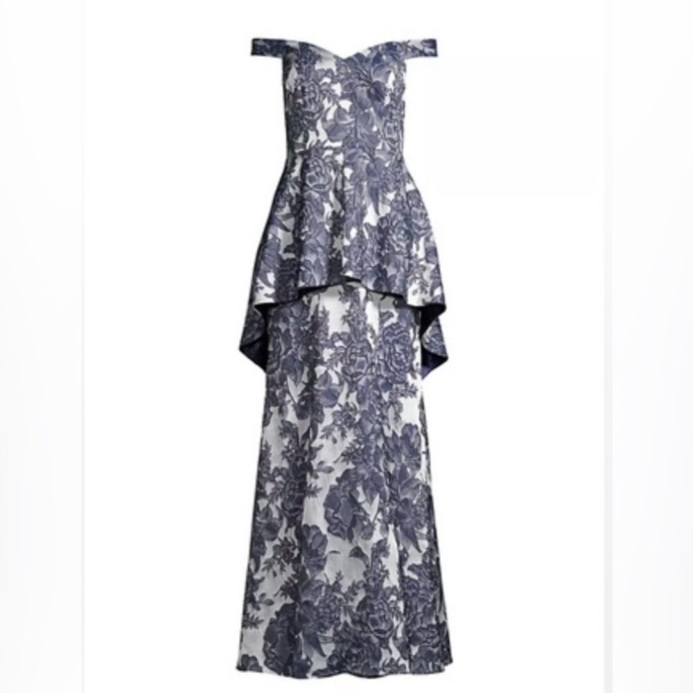 Aidan Mattox Navy and Silver Floral Peplum Dress